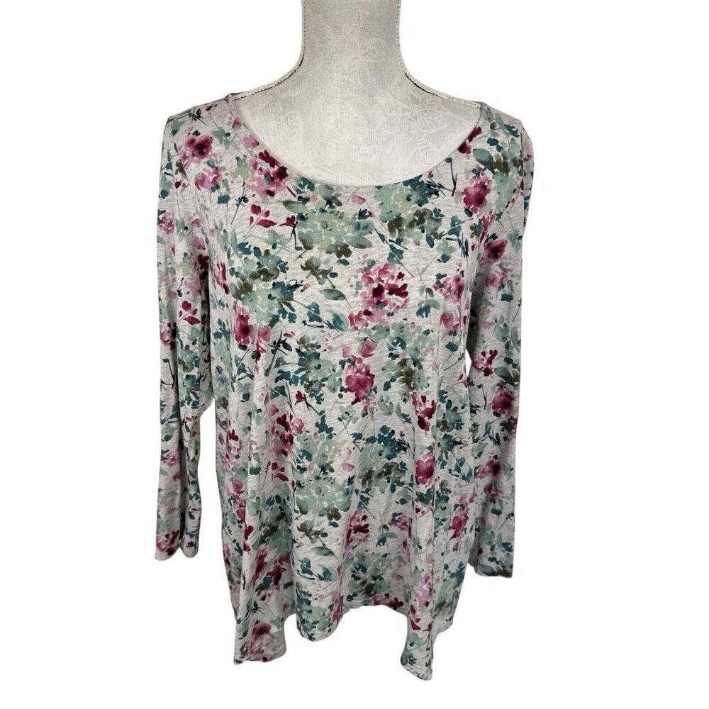 J.‎ Jill Women's L Dipped Hem A-Line Tee Gray Floral